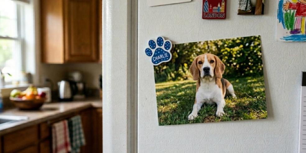 Photo of a tan and white pet dog stuck to the front of a refrigerator with a blue paw shaped magnet