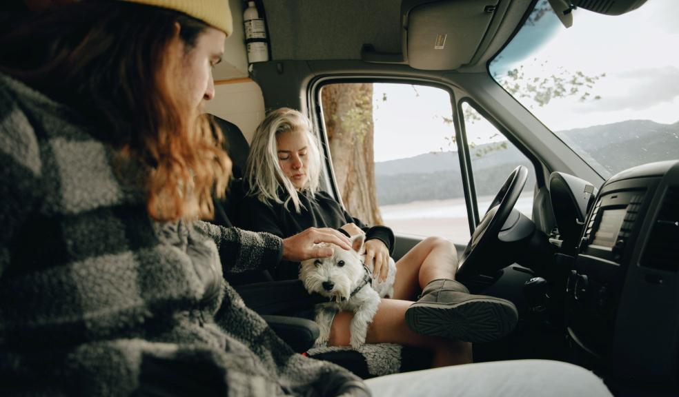 Man and Woman Sitting Inside the Campervan with Their Dog