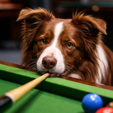 Dog chewing as snooker cue with head on a green backed snooker table 